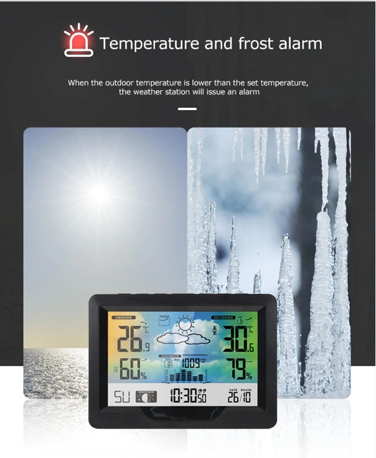 Wireless Weather Station LCD Digital Temperature Humidity Meter Date Moon Phase Air Pressure Weather Forecast Snooze Table Clock