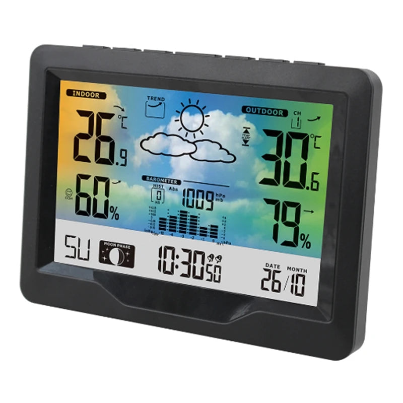 Wireless Weather Station LCD Digital Temperature Humidity Meter Date Moon Phase Air Pressure Weather Forecast Snooze Table Clock