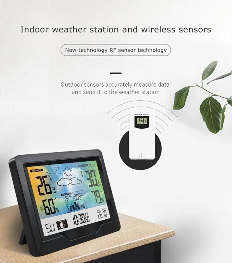 Wireless Weather Station LCD Digital Temperature Humidity Meter Date Moon Phase Air Pressure Weather Forecast Snooze Table Clock