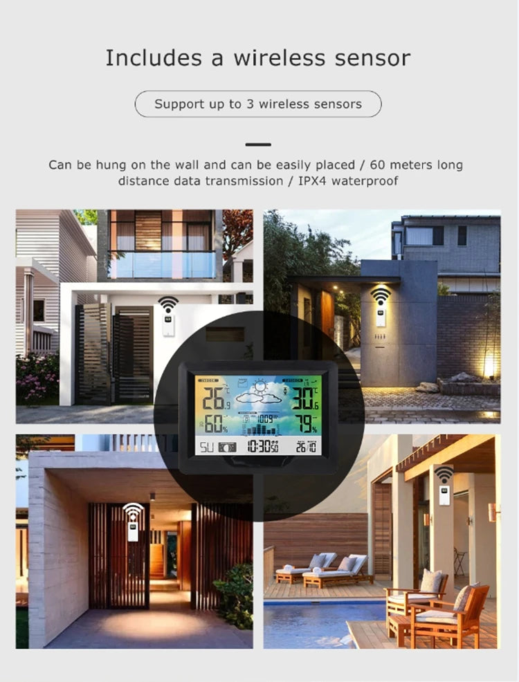 Wireless Weather Station LCD Digital Temperature Humidity Meter Date Moon Phase Air Pressure Weather Forecast Snooze Table Clock