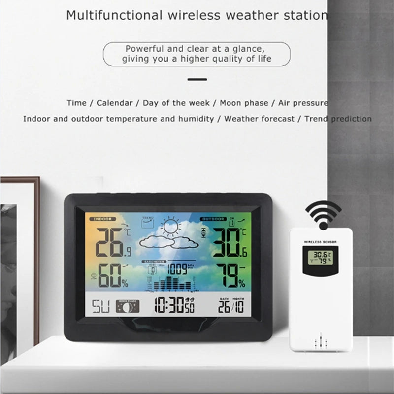 Wireless Weather Station LCD Digital Temperature Humidity Meter Date Moon Phase Air Pressure Weather Forecast Snooze Table Clock