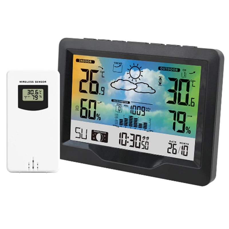 Wireless Weather Station LCD Digital Temperature Humidity Meter Date Moon Phase Air Pressure Weather Forecast Snooze Table Clock