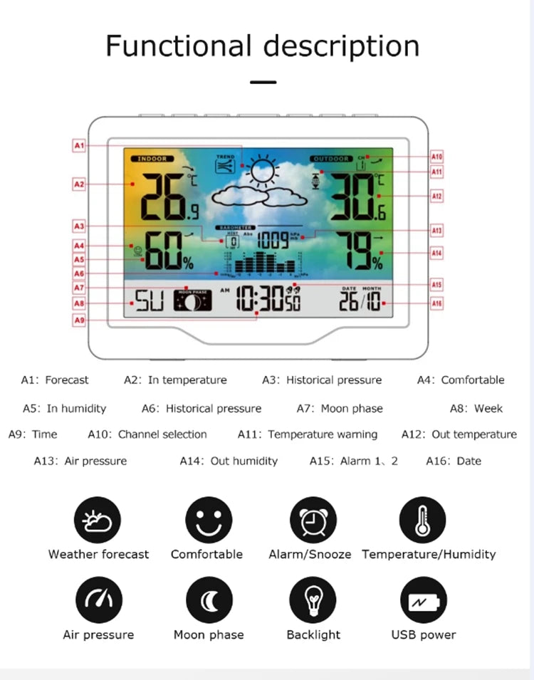 Wireless Weather Station LCD Digital Temperature Humidity Meter Date Moon Phase Air Pressure Weather Forecast Snooze Table Clock
