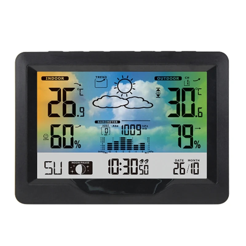 Wireless Weather Station LCD Digital Temperature Humidity Meter Date Moon Phase Air Pressure Weather Forecast Snooze Table Clock