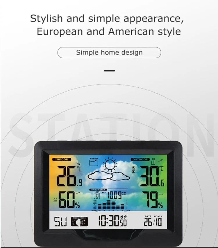 Wireless Weather Station LCD Digital Temperature Humidity Meter Date Moon Phase Air Pressure Weather Forecast Snooze Table Clock