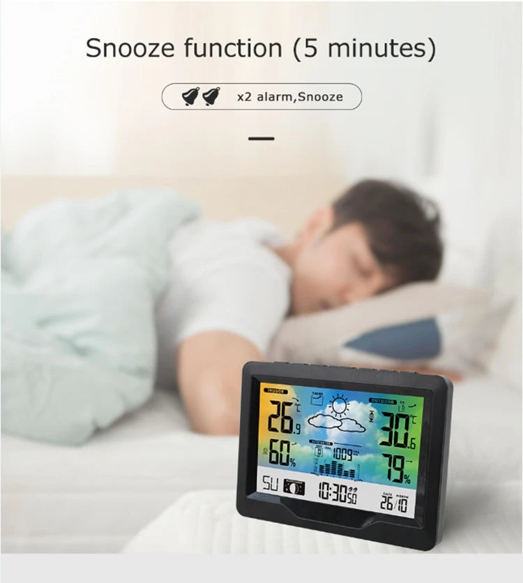 Wireless Weather Station LCD Digital Temperature Humidity Meter Date Moon Phase Air Pressure Weather Forecast Snooze Table Clock