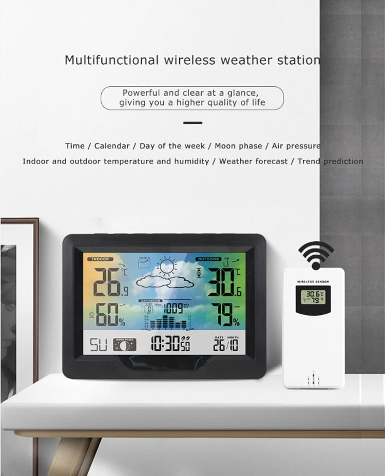Wireless Weather Station LCD Digital Temperature Humidity Meter Date Moon Phase Air Pressure Weather Forecast Snooze Table Clock