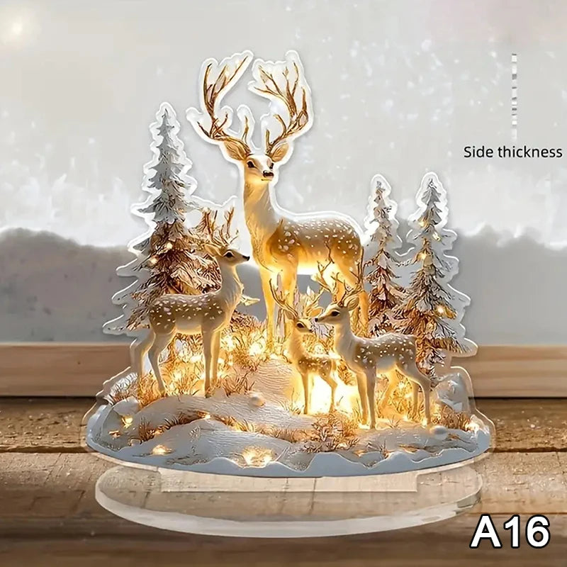 2D Flat Acrylic Christmas Desk Decor With Base Snowman House Rotating Carousel Reindeer Christmas Series Home Office Navidad