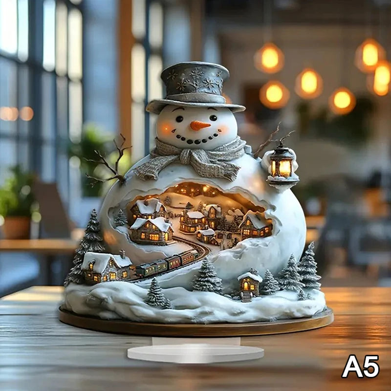 2D Flat Acrylic Christmas Desk Decor With Base Snowman House Rotating Carousel Reindeer Christmas Series Home Office Navidad