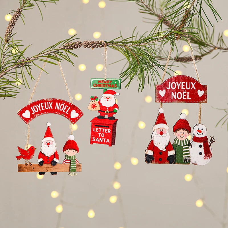 Natal Navidad Christmas Decor Happy New Year Christmas Hanging Pendant Wooden Crafts Santa Claus Wall Ornament