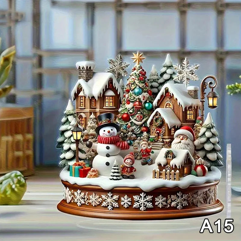 2D Flat Acrylic Christmas Desk Decor With Base Snowman House Rotating Carousel Reindeer Christmas Series Home Office Navidad