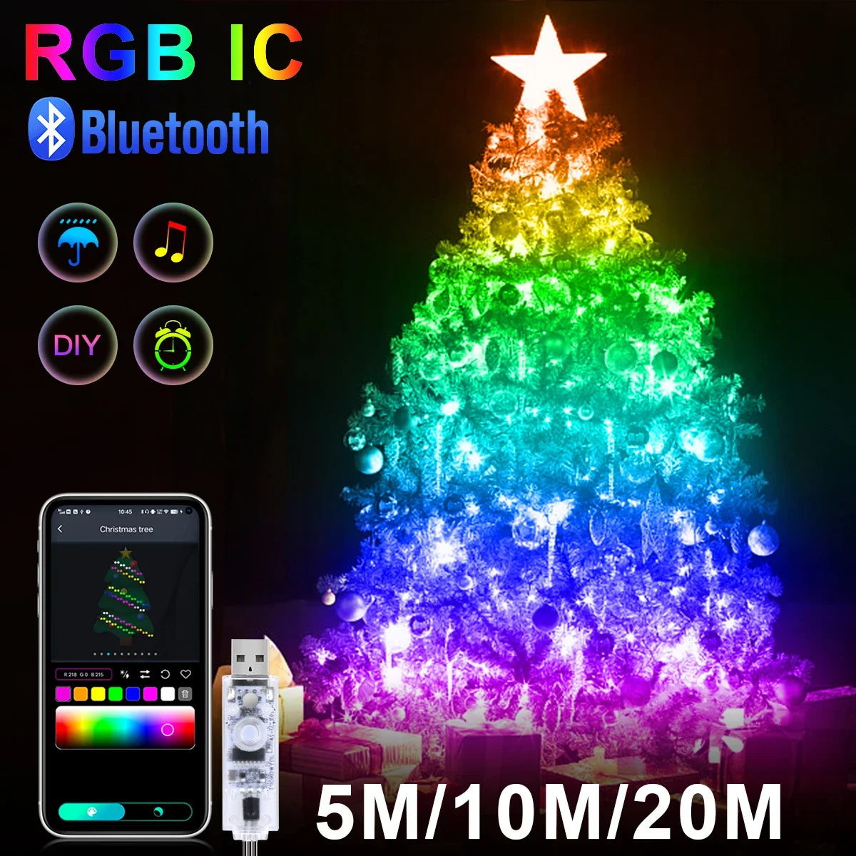 RGBIC LED String WS2812B Bluetooth USB Music Dream Color Light 5V Boże Narodzenie Urodziny Girlanda Decor Fairy Lightsfor Home