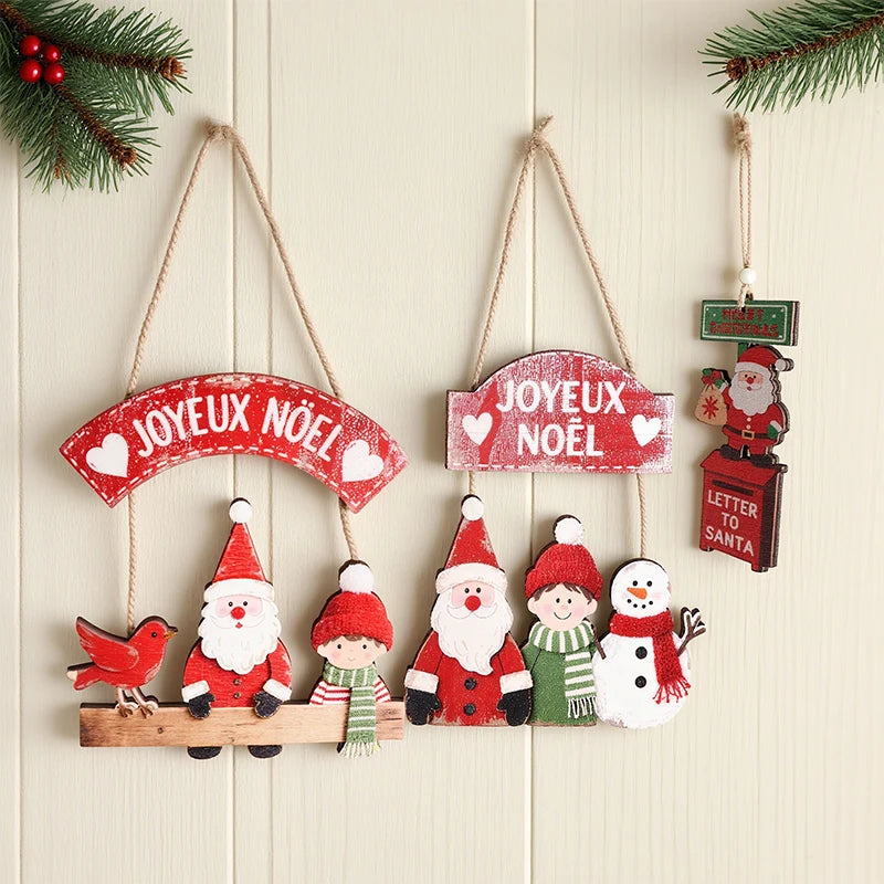Natal Navidad Christmas Decor Happy New Year Christmas Hanging Pendant Wooden Crafts Santa Claus Wall Ornament