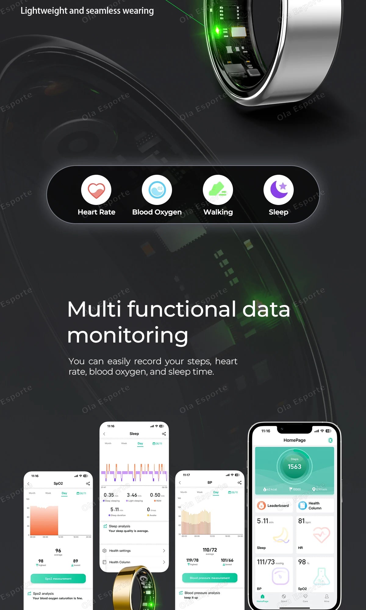 2025 New For Xiaomi Smart Ring Men Women, Heart Rate and Blood Oxygen Monitor Smartring IP68 & 5ATM Waterproof, Multi-sport Mode