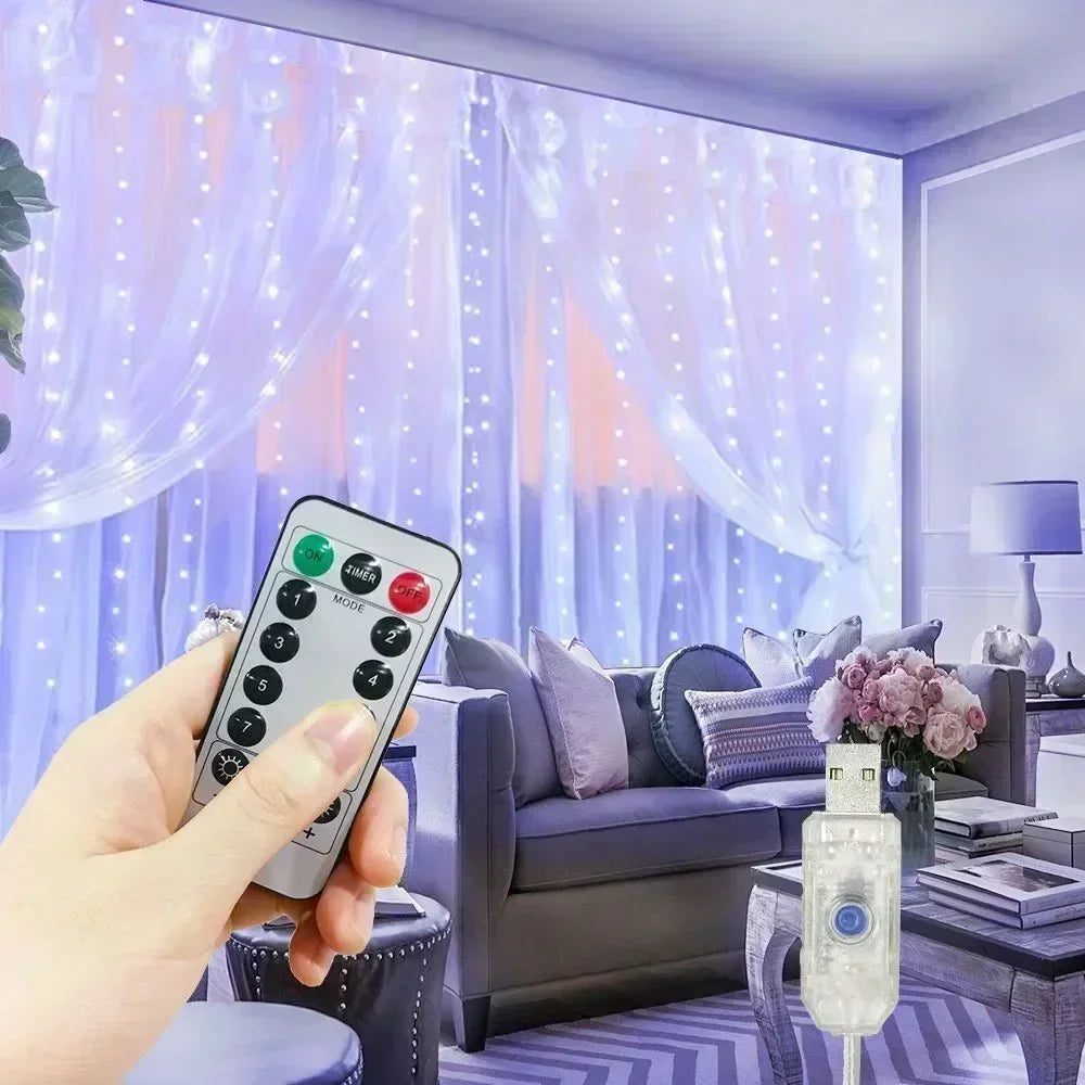 Wedding Garland Fairy Lights Outdoor 8 Mode LED USB Curtain Light String Christmas Tree Holiday Decoration Garden Light