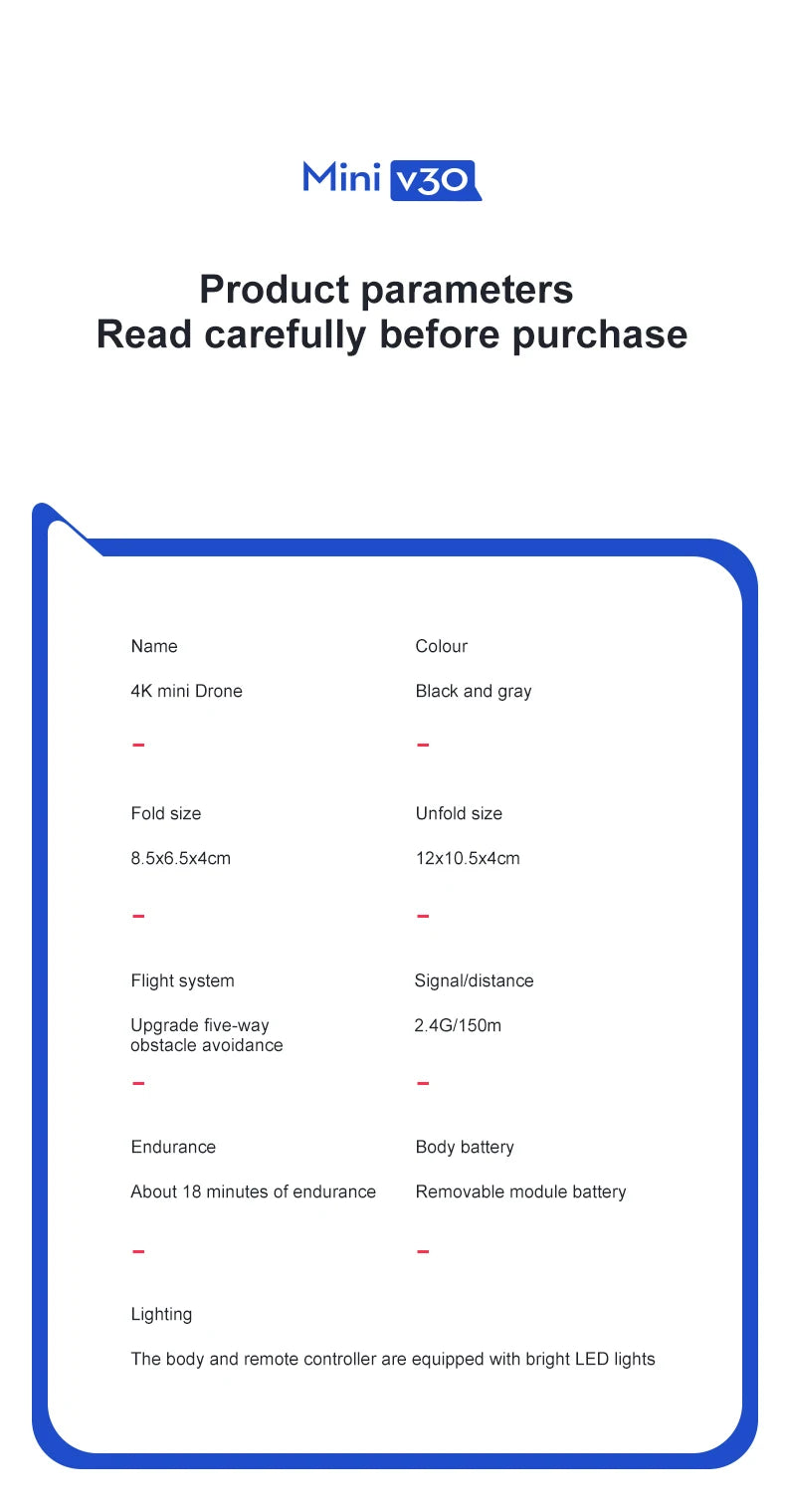 Mini V30 WiFi FPV Drone With 4K HD Dual Camera Obstacle Avoidance Drones Foldable RC Quadcopter Gift for Adults Kid Black Grey