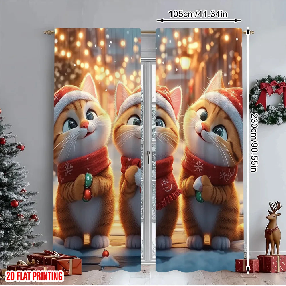 2pcs 2D flat printing Merry Christmas Window Drapes Cute cat with candy 100% Polyester Without Electricity Party Decorations