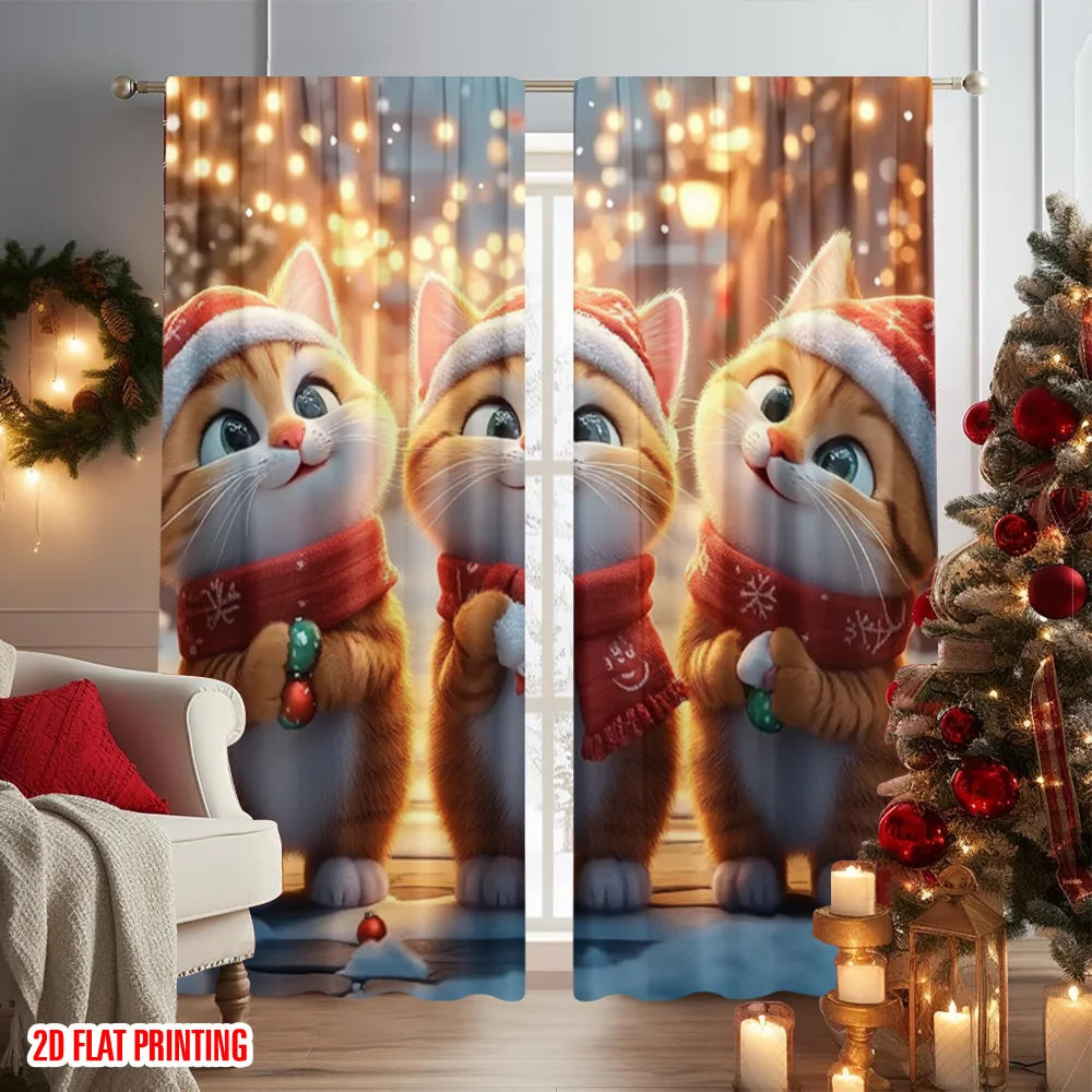 2pcs 2D flat printing Merry Christmas Window Drapes Cute cat with candy 100% Polyester Without Electricity Party Decorations