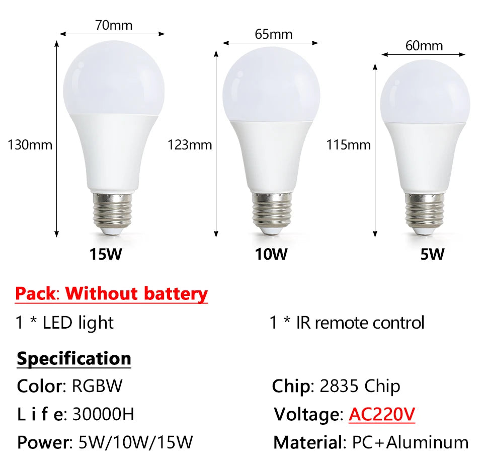 220V E27 RGB LED Light Bulb Bombillas LED 5W 10W 15W IR Remote Control Changeable Colorful RGBW Led Lamp Spotlight Bulb