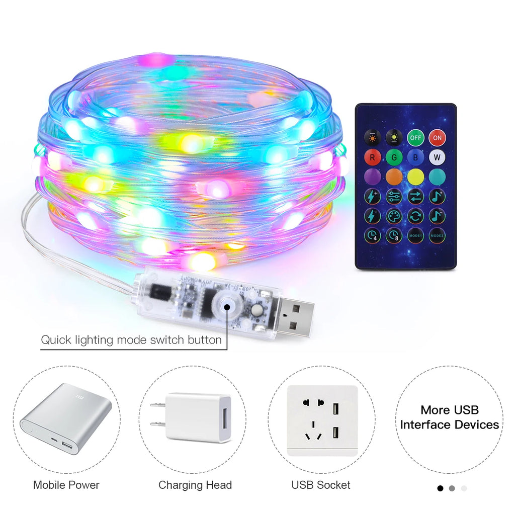 USB 5V LED Sting Light Multicolor With Bluetooth Music APP RGBIC Addressable Fairy Lights Birthday Party Garland Christmas Decor