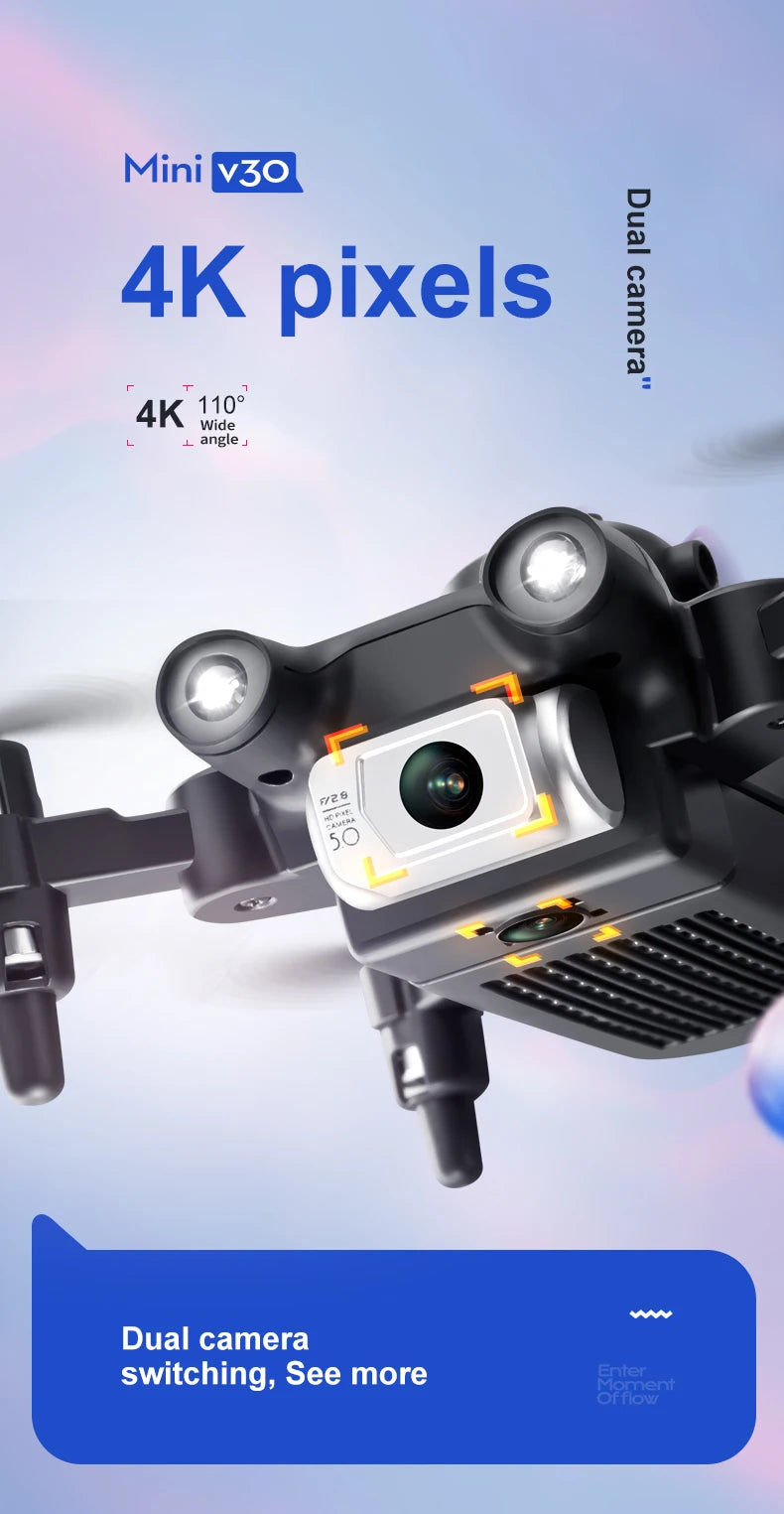 Mini V30 WiFi FPV Drone With 4K HD Dual Camera Obstacle Avoidance Drones Foldable RC Quadcopter Gift for Adults Kid Black Grey