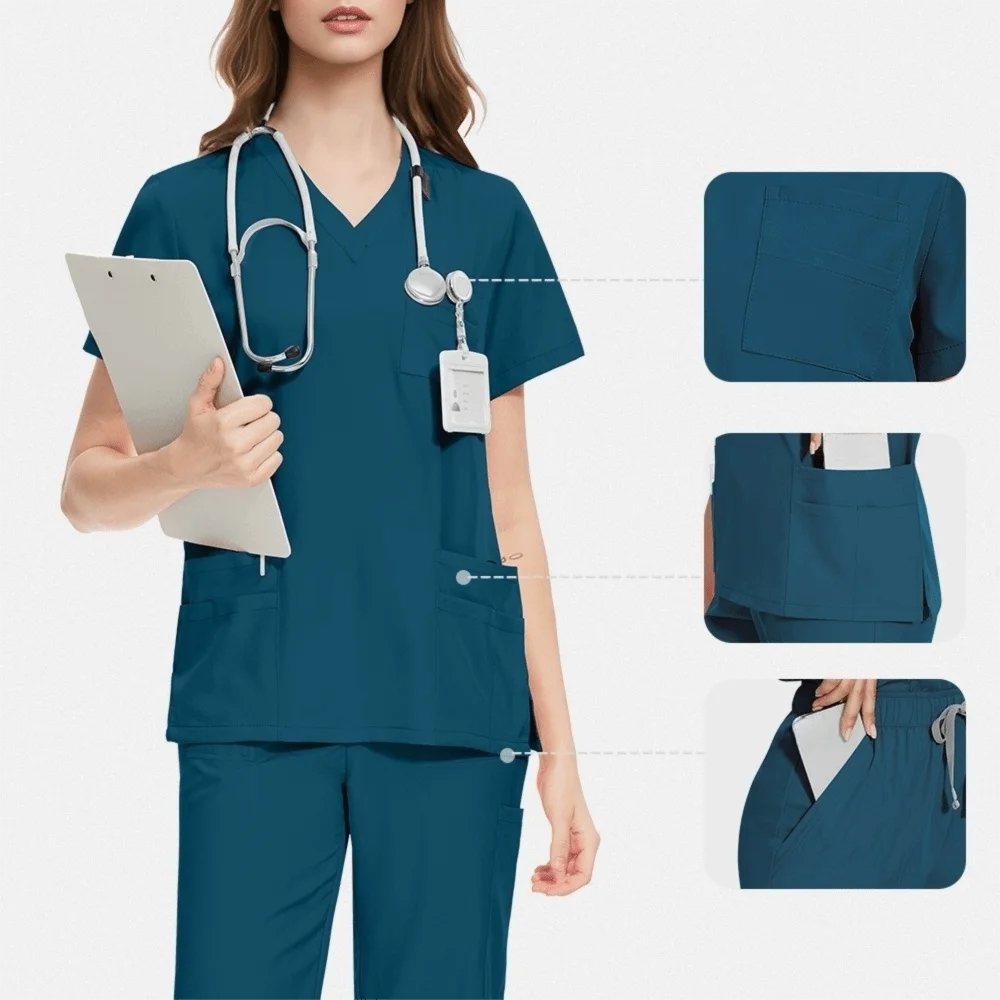 Soft Pink Clinical Uniform with Pockets Scrub Top & Pants Woman Pharmacy Workwear Work Clothes Healthcare Scrubs Sets Veterinary