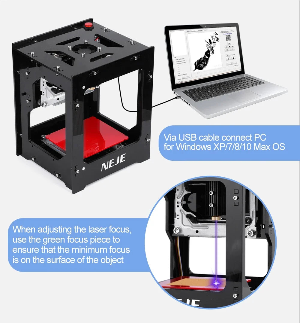 Portable Mini Laser Engraving Machine DIY CNC 405nm Laser 1000/1500/2000mW Adjustable Focus Suitable for Leather and Wood