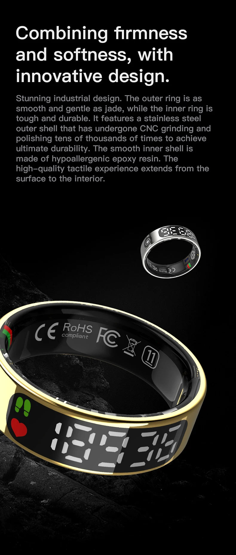 2025 QINO R09 Smart Ring with Display Screen and Touch, Wireless Charging, Health Manager, 5 ATM Waterproof For Men Women