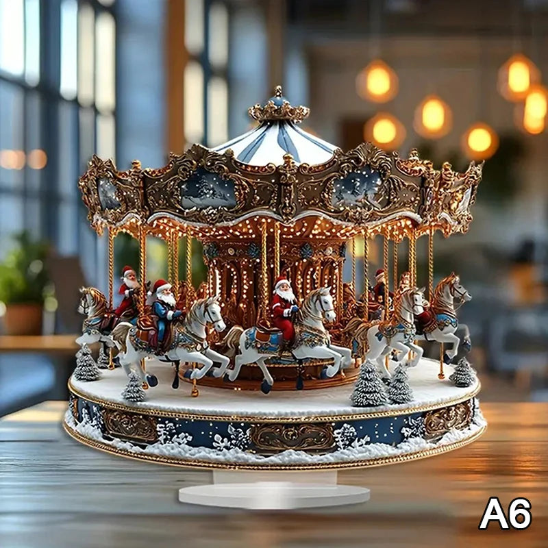2D Flat Acrylic Christmas Desk Decor With Base Snowman House Rotating Carousel Reindeer Christmas Series Home Office Navidad