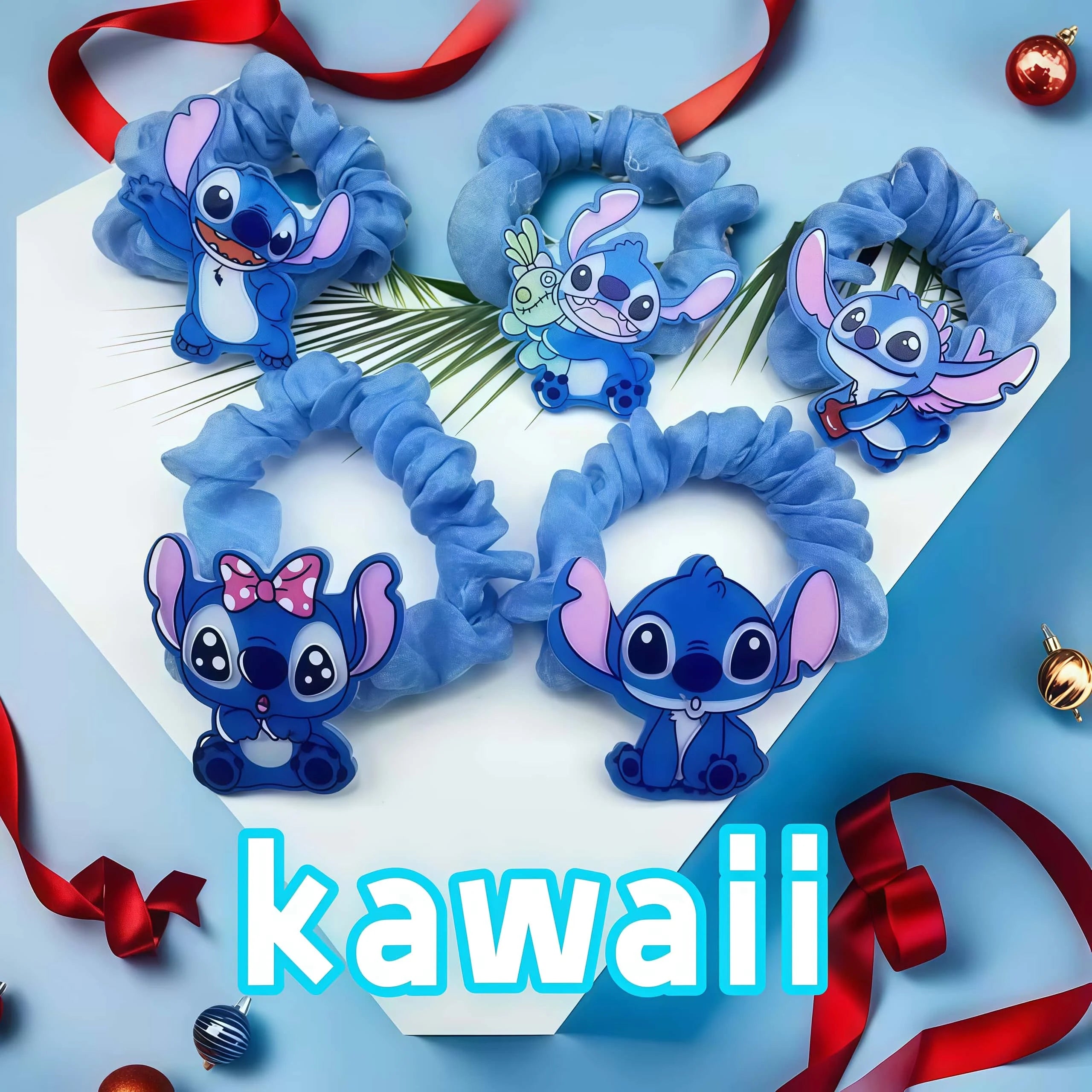 Kawaii Stitch Hair Scrunchies Set, Cute Blue Elastic Hair Bands for Daily Hairstyle & Decor