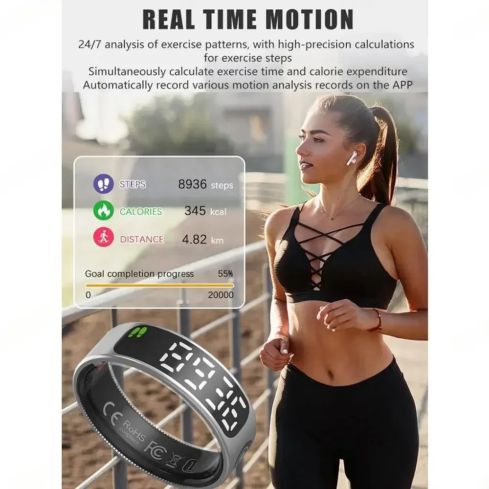 2025 QINO R09 Smart Ring with Display Screen and Touch, Wireless Charging, Health Manager, 5 ATM Waterproof For Men Women