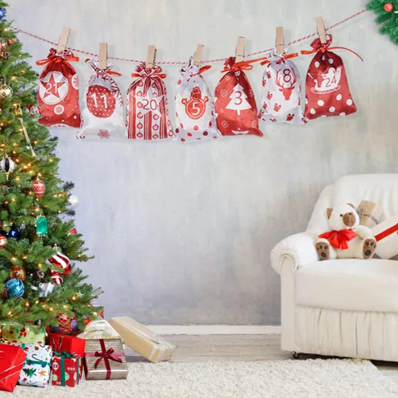 24pcs Christmas Decoration Advent Calendar Gift Bags Kerst Decoratie DIY Paper Stickers Wooden Ornament Xmas Navidad kid Gift