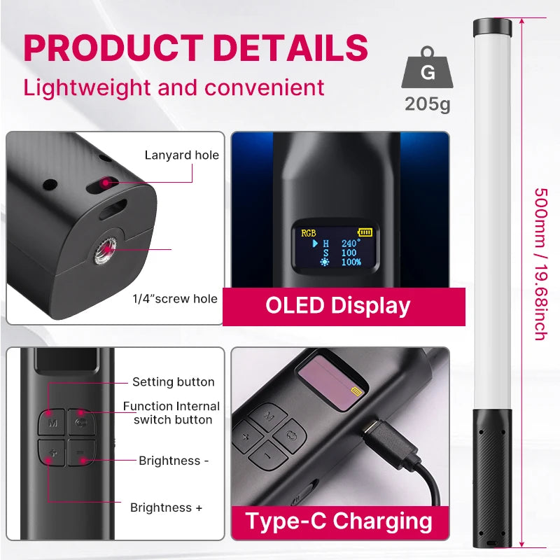 Ulanzi VL119 Ręczne RGB Kolorowe Światło Kij 19,68 cala Ręczne Światło LED Różdżka CRI 95+ 2500K-9000K Lampa Studio Fotografii