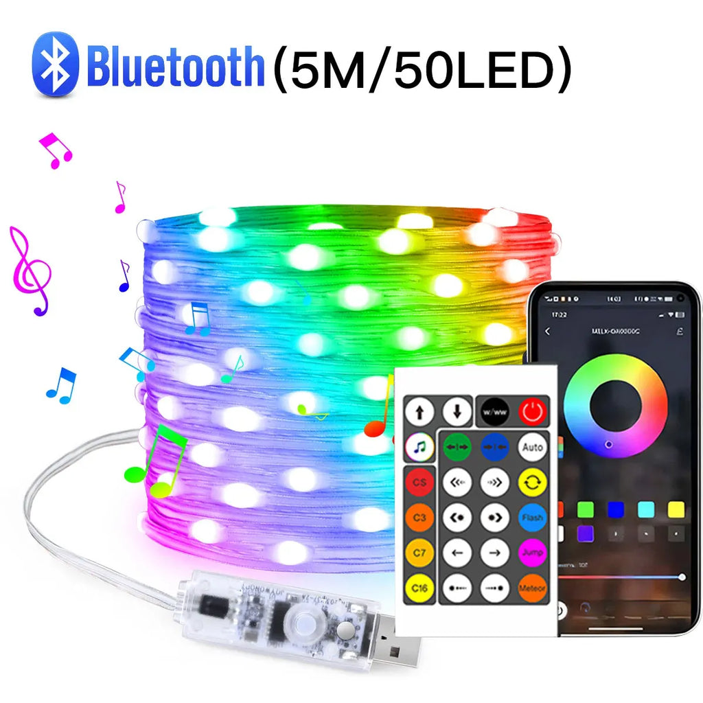 20M Dream Color USB 5V LED Sting Light Bluetooth Music APP RGBIC Addressable Fairy Lights Birthday Party Garland Christmas Decor