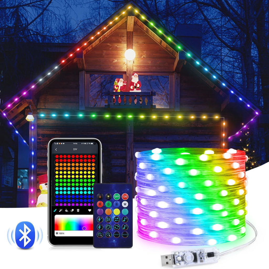 USB 5V LED Sting Light Multicolor With Bluetooth Music APP RGBIC Addressable Fairy Lights Birthday Party Garland Christmas Decor