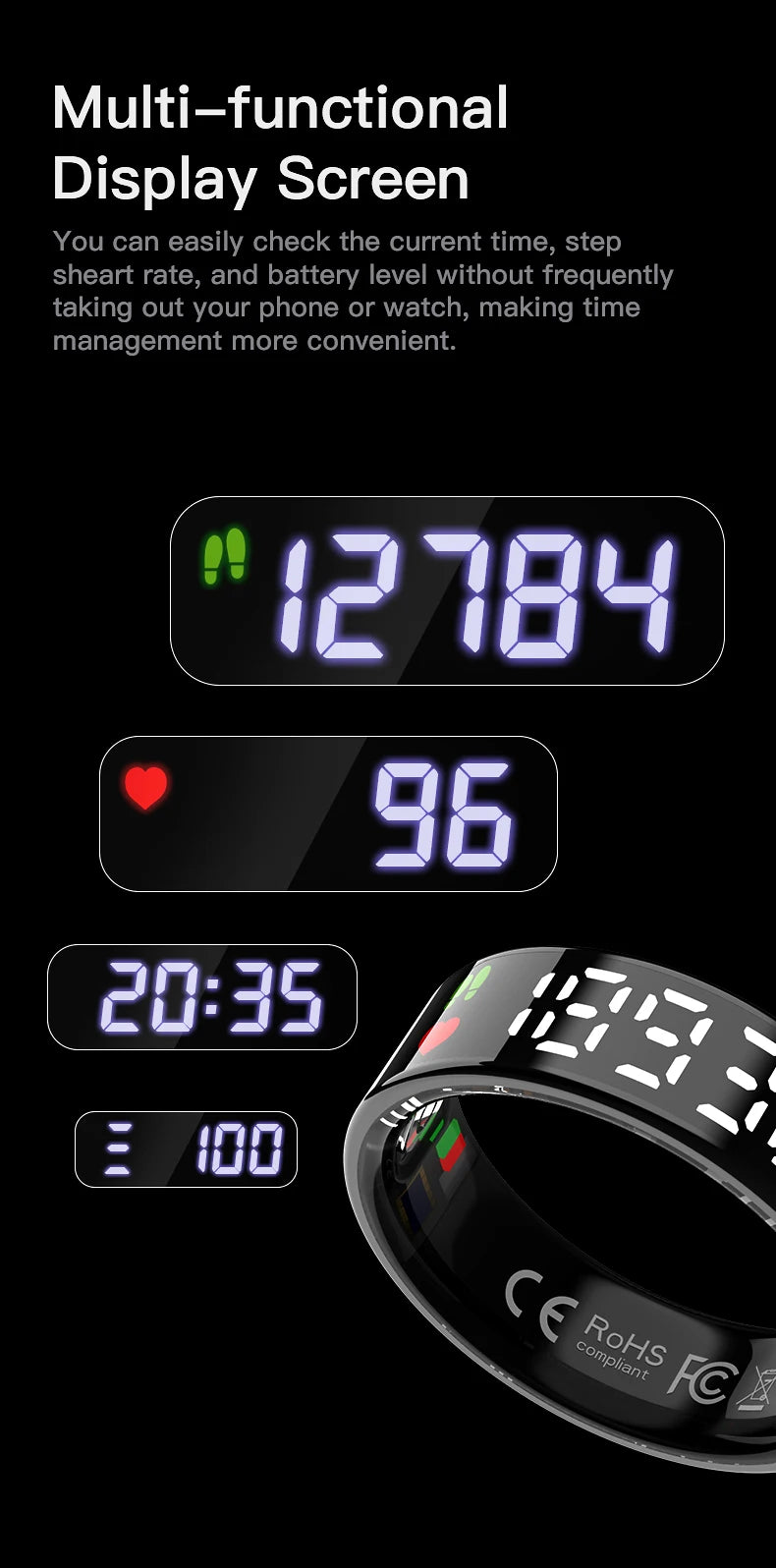 2025 QINO R09 Smart Ring with Display Screen and Touch, Wireless Charging, Health Manager, 5 ATM Waterproof For Men Women