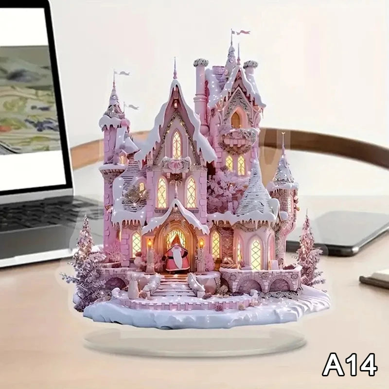 2D Flat Acrylic Christmas Desk Decor With Base Snowman House Rotating Carousel Reindeer Christmas Series Home Office Navidad