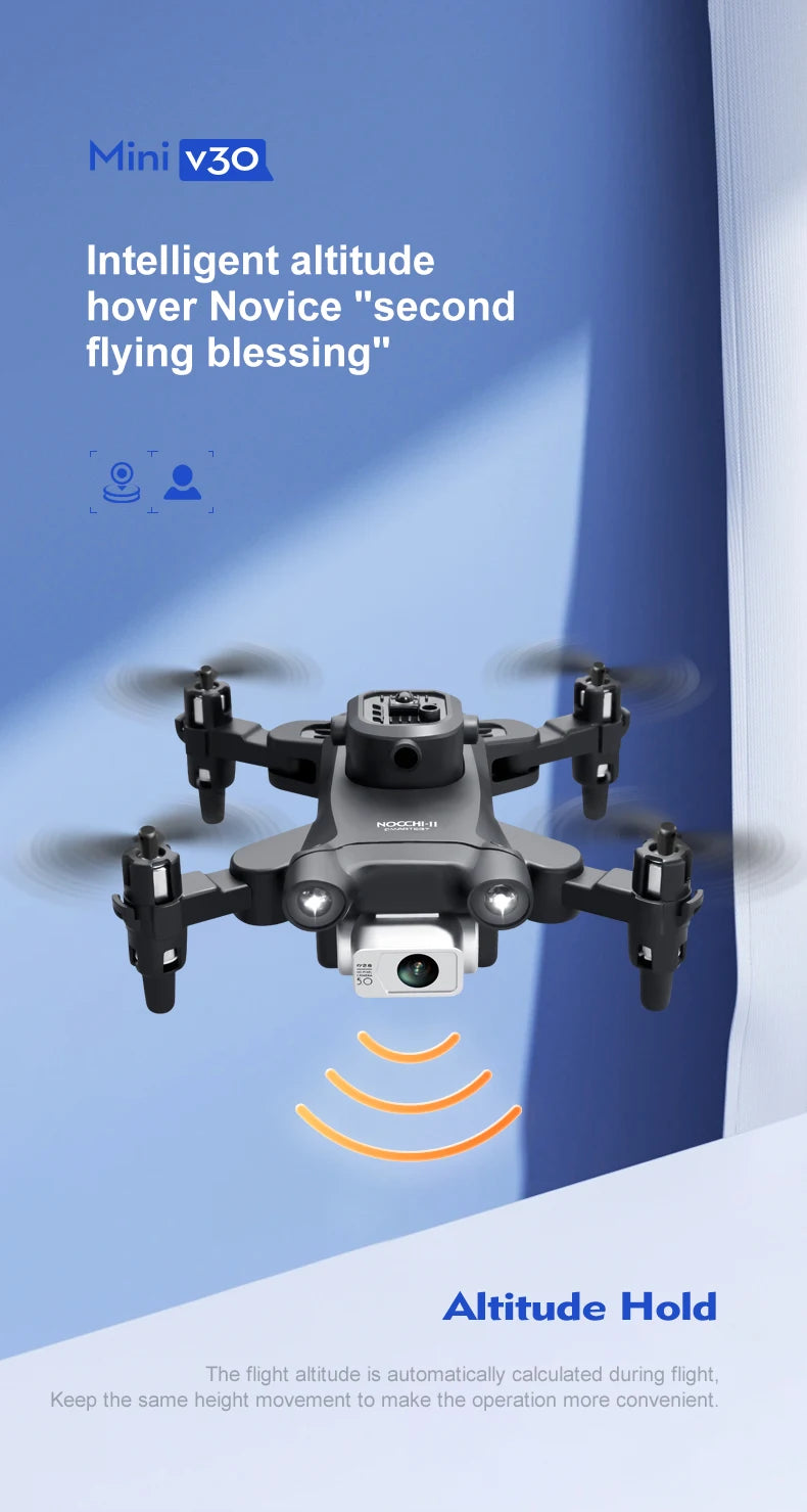 Mini V30 WiFi FPV Drone With 4K HD Dual Camera Obstacle Avoidance Drones Foldable RC Quadcopter Gift for Adults Kid Black Grey