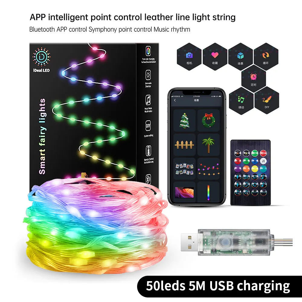 20M RGBIC LED String Bluetooth USB Music Dream Color Light 5V Christmas Birthday Party Garland Decor Fairy Lights Home