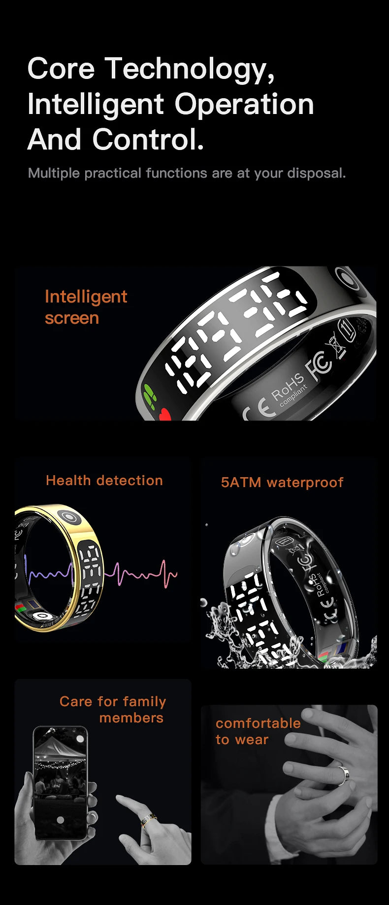 2025 QINO R09 Smart Ring with Display Screen and Touch, Wireless Charging, Health Manager, 5 ATM Waterproof For Men Women