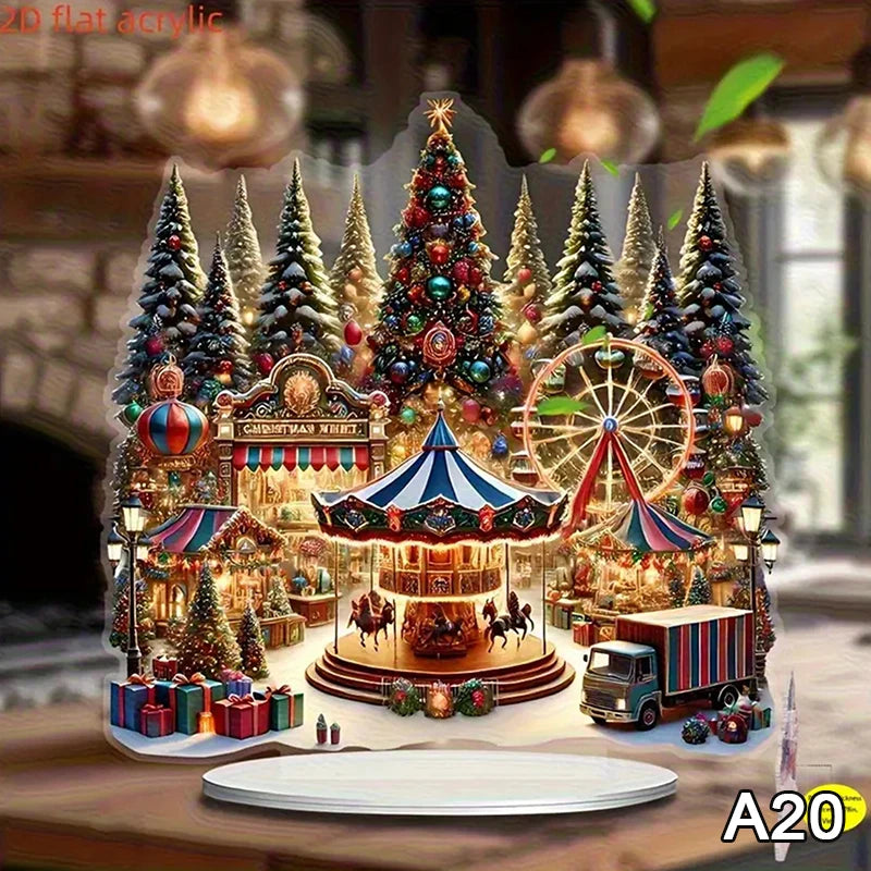 2D Flat Acrylic Christmas Desk Decor With Base Snowman House Rotating Carousel Reindeer Christmas Series Home Office Navidad