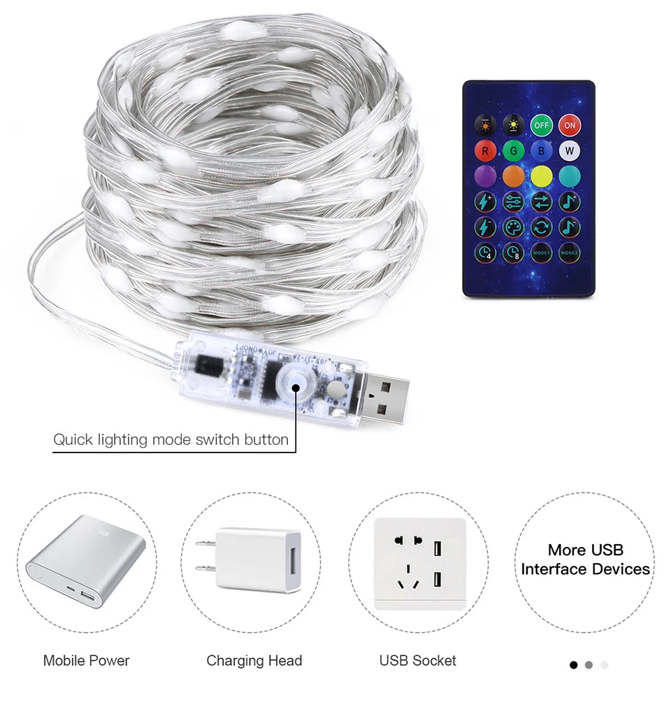 USB 5V LED Sting Light Multicolor With Bluetooth Music APP RGBIC Addressable Fairy Lights Birthday Party Garland Christmas Decor