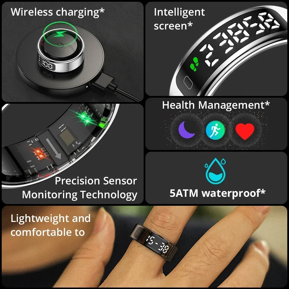 2025 QINO R09 Smart Ring with Display Screen and Touch, Wireless Charging, Health Manager, 5 ATM Waterproof For Men Women