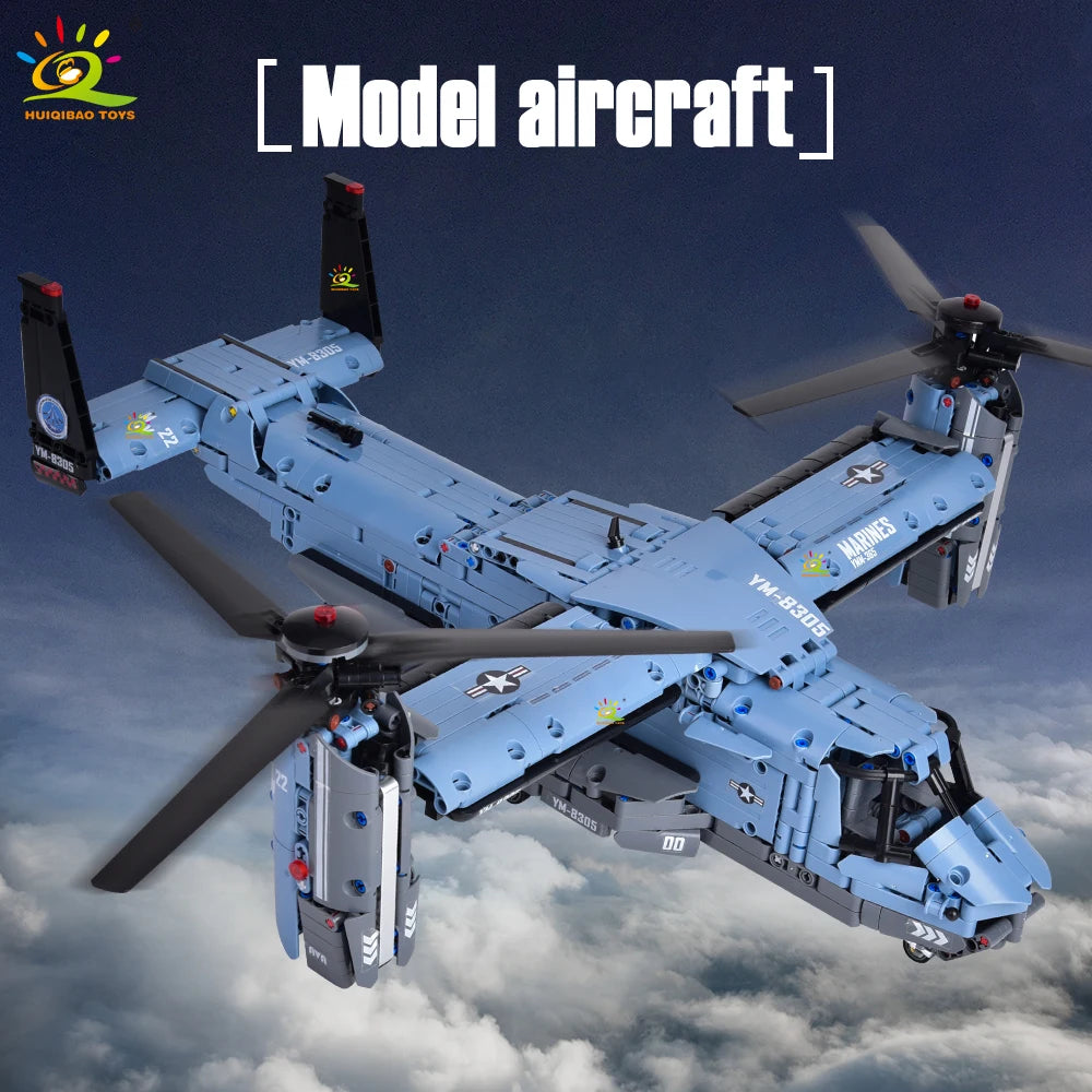 HUIQIBAO MOC 1389PCS V-22 Tiltrotor Aircraft Helicopter Building Block Children Military Airplane model Bricks Toy home Decor.
