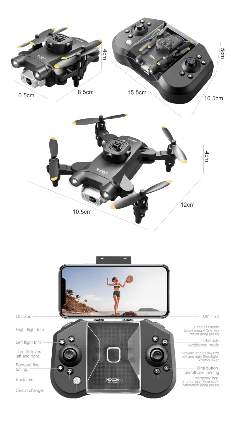 Mini V30 WiFi FPV Drone With 4K HD Dual Camera Obstacle Avoidance Drones Foldable RC Quadcopter Gift for Adults Kid Black Grey