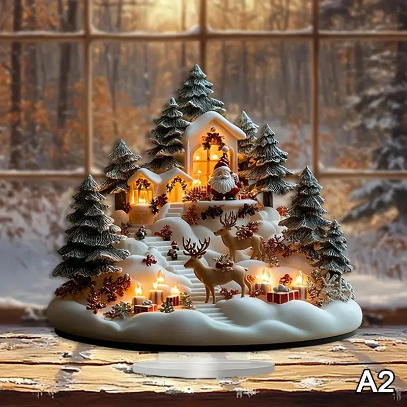 2D Flat Acrylic Christmas Desk Decor With Base Snowman House Rotating Carousel Reindeer Christmas Series Home Office Navidad