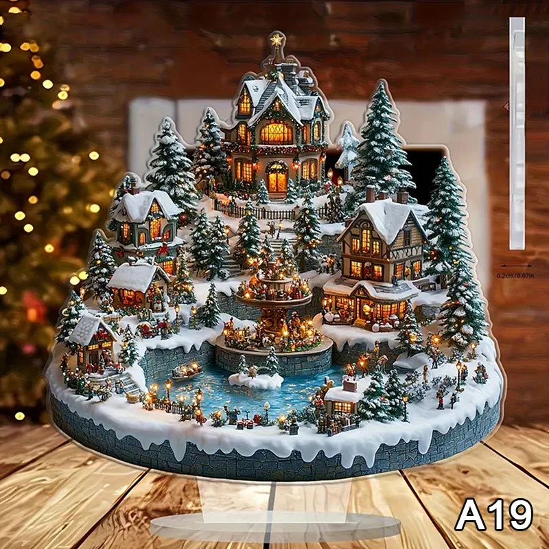 2D Flat Acrylic Christmas Desk Decor With Base Snowman House Rotating Carousel Reindeer Christmas Series Home Office Navidad