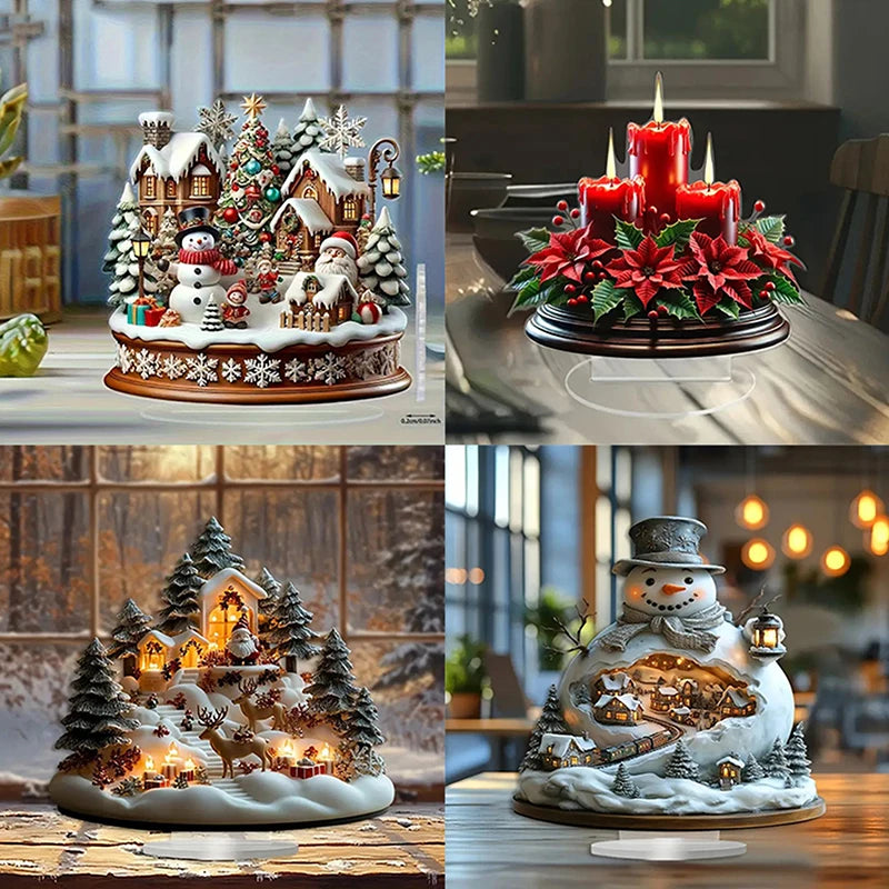 2D Flat Acrylic Christmas Desk Decor With Base Snowman House Rotating Carousel Reindeer Christmas Series Home Office Navidad
