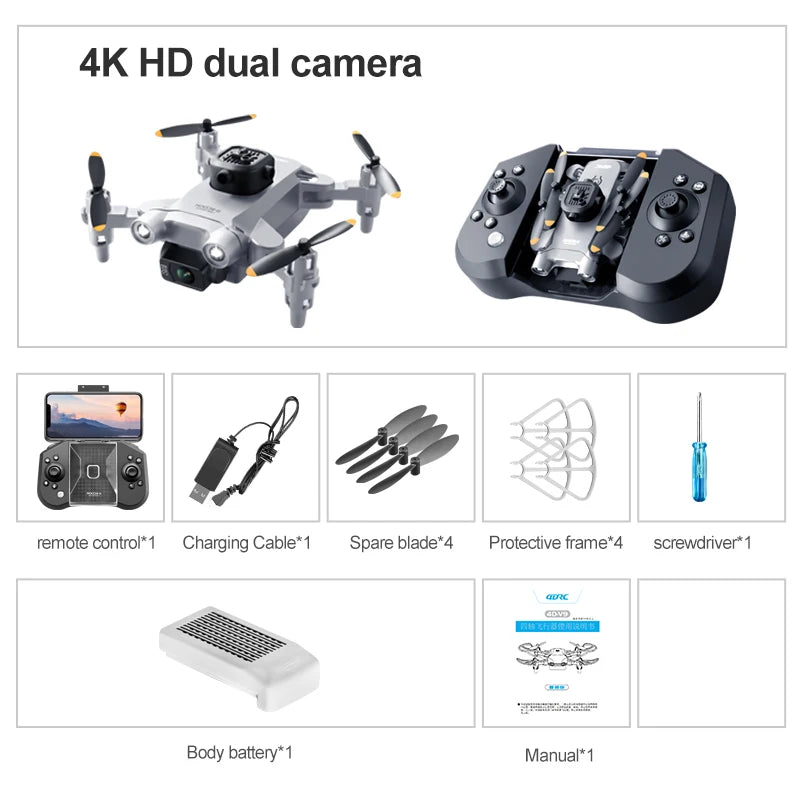 Mini V30 WiFi FPV Drone With 4K HD Dual Camera Obstacle Avoidance Drones Foldable RC Quadcopter Gift for Adults Kid Black Grey