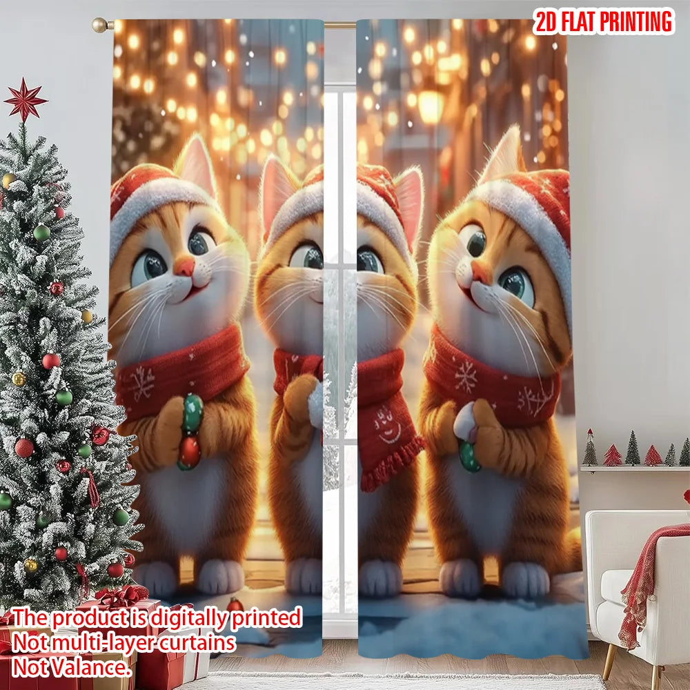 2pcs 2D flat printing Merry Christmas Window Drapes Cute cat with candy 100% Polyester Without Electricity Party Decorations